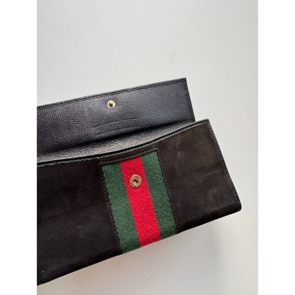 GUCCI 1953 Black Sueded Leather Striped Web Horsebit Continental Flap Wallet - Picture 11 of 16